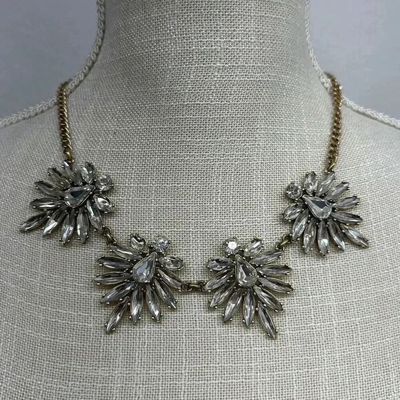 J. Crew Gold Toned Rhinestone Crystal Cluster Statement Necklace - Picture 1 of 8